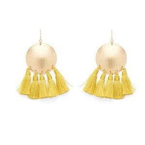 WILDE Montezuma Drops Yellow Tassel Dangle Earrings Hammered Gold Warrior Shield
